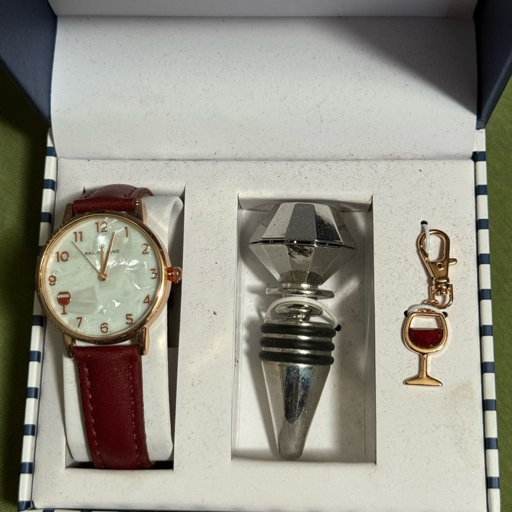NIB Sailor Jane Wine Lover Watch Gift Set Wine Stopper Wine Charm Boxed Novelty